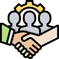 Two people shake hands as three other people look on 